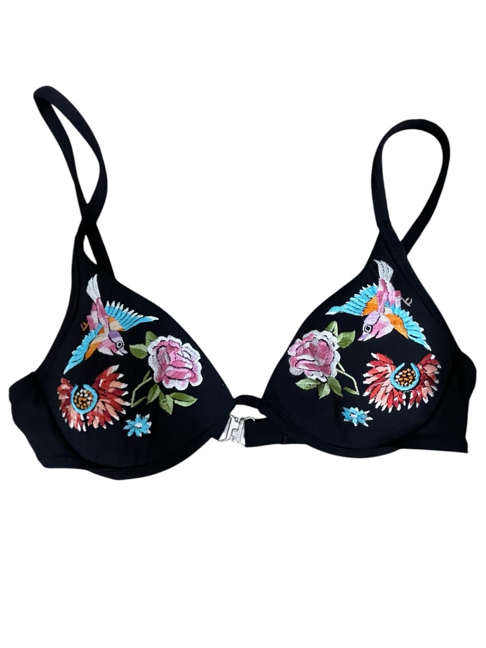 Black Embroidered Floral Bird Bralette Bra Top XS S